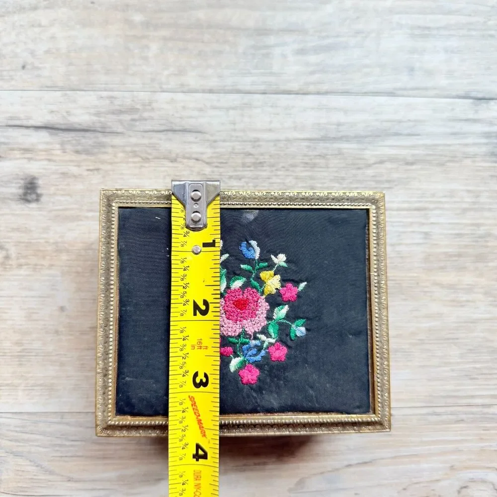 Vintage Jewelry Box Music Brass Floral Embroidered Sankyo Gold Tone Red Velvet